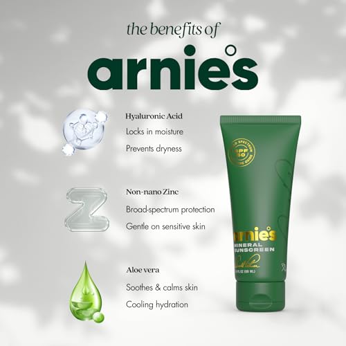 Image of Arnie's Mineral Sunscreen SPF 50 by Arnold Palmer - Lightweight Daily Face & Body Sunscreen for Sports & Outdoor Use - Non-Greasy Zinc Oxide with Organic Aloe, No White Cast, Tear-Free 3.0 Fl. Oz.