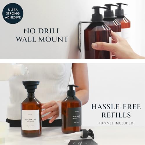 FINESSY Refillable Shampoo and Conditioner Dispenser Wall Bottles with Pump, Bathroom Body Wash Soap and Shampoo Dispenser for Shower Wall 3 Chamber No Drill, Shower Bottles Refillable with Labels by FINESSY - Image 3