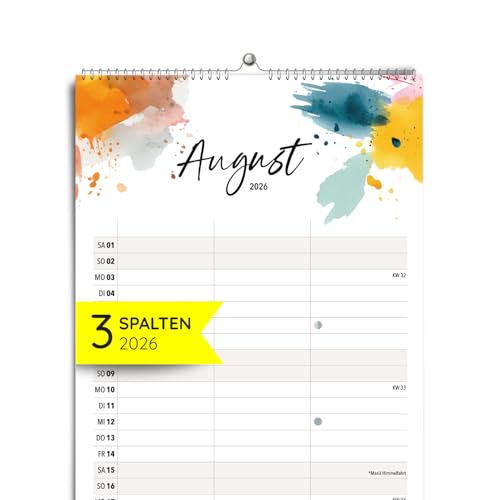 heaven+paper Paarplaner 3 Spalten Aquarell Kunst - Kalender für zwei 2026 mit Feiertagen Schulferien Mond - Wandkalender 2026 Familienkalender (Happy Splash 3 Spalten)