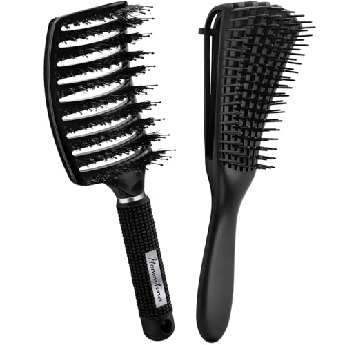 2 Pack Hair Brush Set, Hair Brushes for Women Men Kid Wet Dry Curly Thick Thin Wavy Straight Hair, Make Hair Beautiful and Smooth(Black)