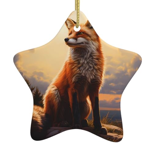 WHJWZY Colgante de estrella de cerámica de Navidad, adorno colgante de árbol, ideal para hogares, fiestas, vacaciones, zorro de nieve en la colina impreso