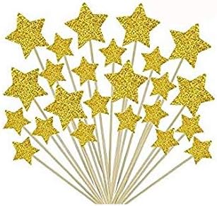 HYOUNINGF 50 Pcs Gold Star Cupcake Toppers,Star Cupcake Toppers Twinkle Twinkle Little Star Decorations Birthday Cupcake Toppers Glitter Gold Cupcake Toppers for Party Cake Decorations