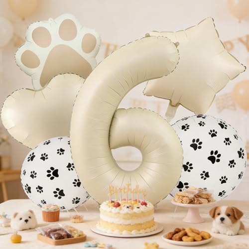 Image of 6th Birthday Dog Paw Balloons Set,18'' Paw Prints, Heart,Star,Paw Shaped Foil Balloon 40 Inch Cream Number 6 Helium balloons for Puppy Themed Third Anniversary Birthday Party Decorations Supplies 6PCS