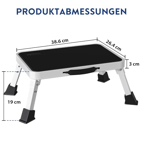 BONTEC Klapptritt, weißer Tritthocker klappbar bis 150 kg, rutschfeste Trittstufe mit Gummifüßen, klappbarer Hocker tragbar, Fußbank für Küche, Bad, Garten, Camping, kleine Leiter, Faltbarer Schemel