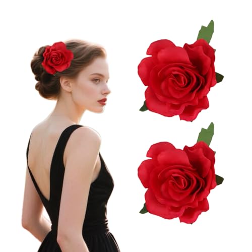 Fosrisix Red Rose Hair Clips with Leaves