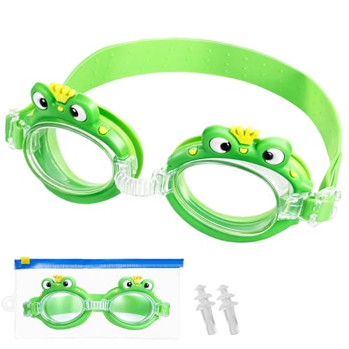 Anti-Fog Schwimmbrille, Süße Froschkönig Schwimmbrillen für Jungen Kinder 4-14, Tier Wasser Pool Brille mit Breiten Gläsern, UV-Schutz, Auslaufsicher, Klare Sicht, Ohrstöpsel, Aufbewahrungs Tasche