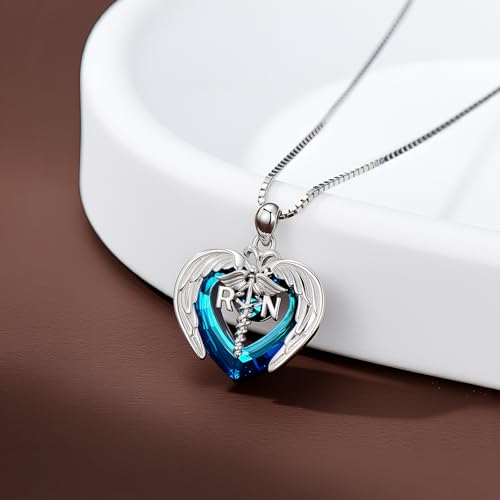 AOBOCO RN Gifts for Nurses 925 Sterling Silver Registered Nurse Caduceus Angel Wing Heart Pendant Necklace Nurse Nursing School Graduation Gifts for Women2