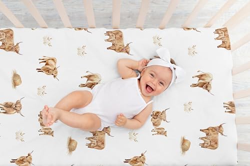 Image of Sweet Jojo Designs Fitted Baby Crib Sheets (Boho Highland Cow) for Boys or Girls, Infant Nursery, Toddler Room - Standard Size (Farm Animal, Bohemian, Watercolor, Rustic Farmhouse, Gender Neutral)