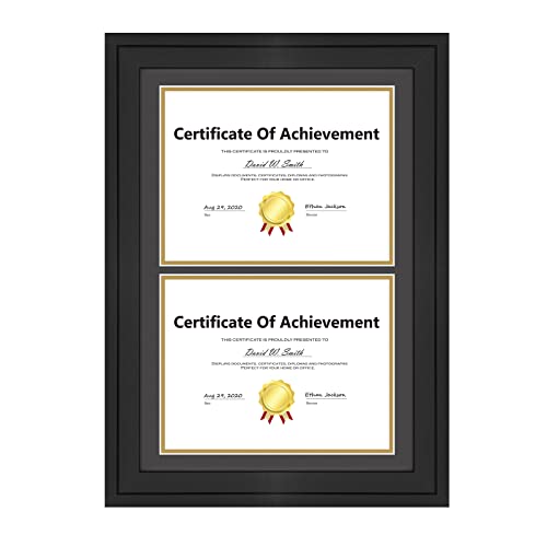 Golden State Art 14x20 Double Diploma Frame, Black Frame to Dispalay Double 8.5x11 Document with Black over Gold mat, Solid Wood & Tempered Glass Protection