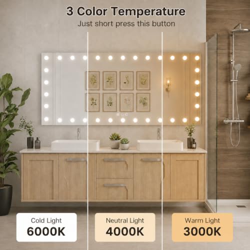 Image of WTTY 84 inchx32 inch Hollywood Vanity Mirror with Lights, Wall-Mounted Makeup Mirror with 3 Color Temperatures, Stepless Dimmable Bulbs, Anti-Fog & Shatter-Proof