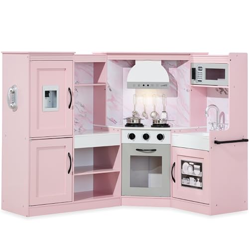 Image of Best Choice Products Pretend Play Corner Kitchen, Ultimate Interactive Wooden Kids Playset w/Lights & Sounds, Ice Maker, Hood - Pink