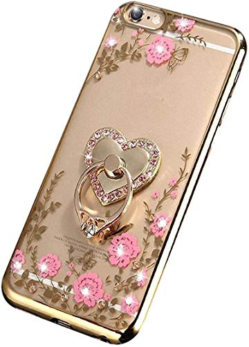iPhone 7 Plus Floral Crystal TPU Case-Inspirationc Soft Slim Bling Plating Rubber Cover for iPhone 7 Plus 5.5 Inch with Rhinestone Diamond and Detachable 360 Ring Stand-Gold and Pink