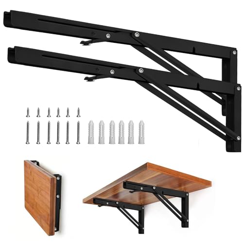 Image of Folding Shelf Brackets - Heavy Duty Metal Collapsible Shelf Bracket for Bench Table, Shelf Hinge Wall Mounted Space Saving DIY Bracket, Max Load: 150 lb (24 Inch, Black)