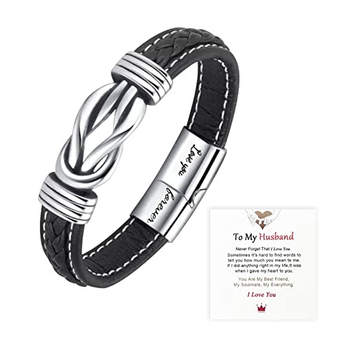 To My Husband Mens Leather Bracelet, “Love You Forever”Men Bracelet Leather And Steel Magnetic Braided Cuff Bracelet Gift For Husband #TOP4