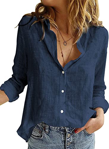 BLENCOT Damen Bluse Langarm Hemden Casual V-Ausschnitt Roll Up Ärmel...