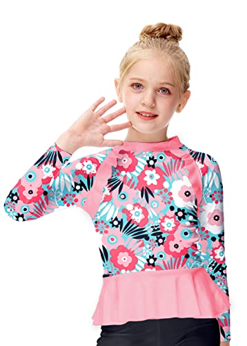 Girl's Surf Shirt Long Sleeve Swim Top Beach Uv Sun Protection Rash Guard Tropical Floral Rose Red 9-10 Years #TOP16