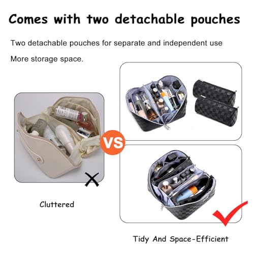 BOYATU Travel Makeup Bag Organizer Cosmetic Bag: 3 Pcs Set Make up Bags for Women with Handle - Waterproof Vegan Leather Toiletry Bags Travel Essentials Pouch with Compartments (01-Black) - Image 4