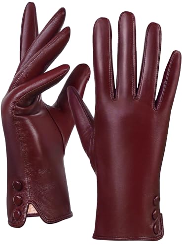 GSG SINCE 1998 Guantes de Mujer de Piel de Oveja Sin Cromo – Guantes de Invierno Táctiles con Forro de Lana para Conducir Borgoña Talla M