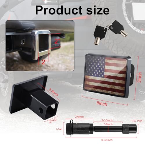SINGARO Tow Hitch Cover, Heavy American Flag Metal Trailer Hitch Cover for 2 Inch Receivers, Ideal for Truck Accessories with 5/8-Inch Pin Diameter Trailer Hitch Lock(ABS) - Thumbnail 2