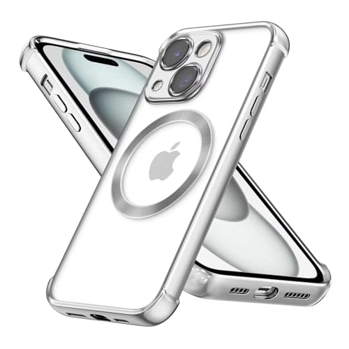 Kaywzo Funda para iPhone 15 Plus,Transparente Galvanizada TPU Carcasa Compatible con Magsafe,Protección Refuerzo de Cuatro Esquinas,Ultra Delgado Case Cover,Plata