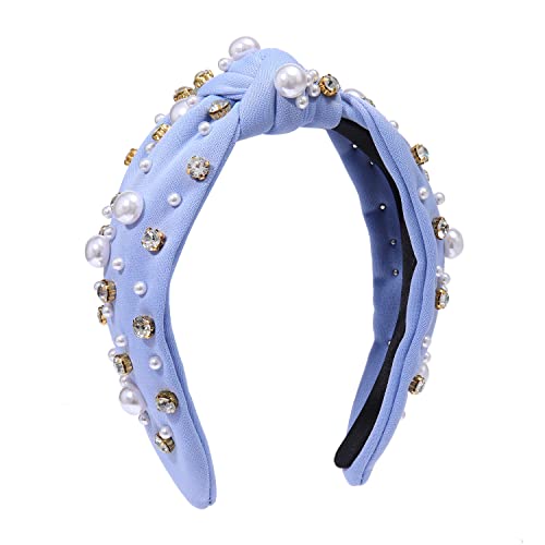 Pearl Knotted Headband For Women White Pearl Rhinestone Crystal Jeweled Embellished Hairband Fashion Elegant Ladies Wide Top Knot Bride Headband Boho Wide Head Band Headpieces Bachelorette Party Hair Accessories (Light Blue Knot Hairband) #TOP4