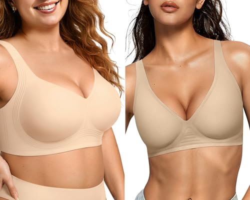 OEAK Womens Wireless Jelly Bra Plus Size Seamless Deep V Bras Nude+Semolina M