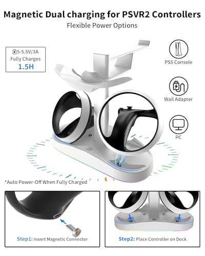 Image of Charging Station for PSVR 2 with Vertical Headset Stand | Dual PSVR2 Controller Dock, Dual Fast Charging Dock, LED Indicator, 9 RGB Light Modes, PSVR2 Headset Display Stand