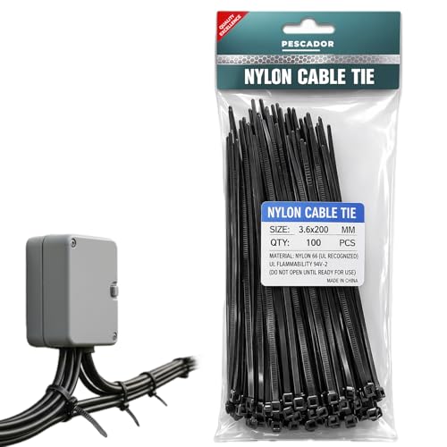 PESCADOR 100pcs Cable Ties Heavy Duty Nylon Zip Ties Self Locking for Wire & Management Heat Resistant Anti-Slip Cable Organizer for Electrical PC Network Cables Indoor Outdoor (Black 3.6x200mm)