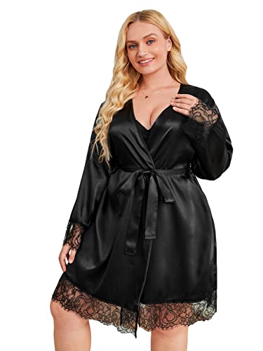 Wdirara Women's Plus Size Satin Lace Trim Long Sleeve Belted Kimono Short Night Robe Black 4Xl #TOP30