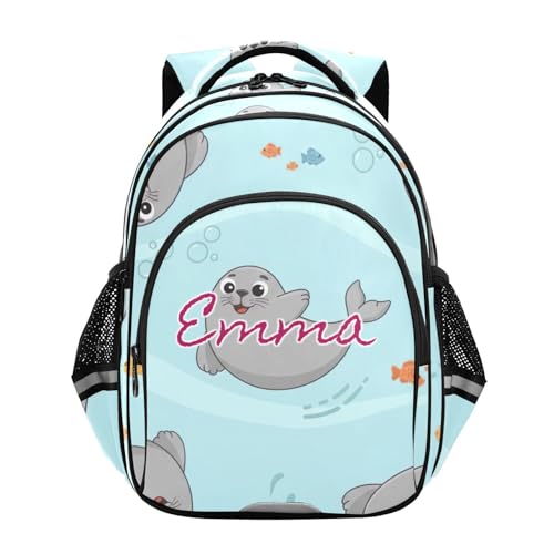 Sac à dos d'école bleu personnalisé lion de mer 17" anti-perte pour élèves de primaire