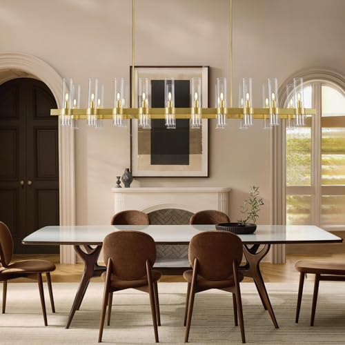 Modern Gold Linear Chandelier for Dining Room, 68'' Rectangular Dining Chandeliers Over Dining Table 20 Light, Linear Chandelier Lighting Fixture with Glass over Kitchen Island, Includes Bulbs by Knurldon - Used condition - Image 9