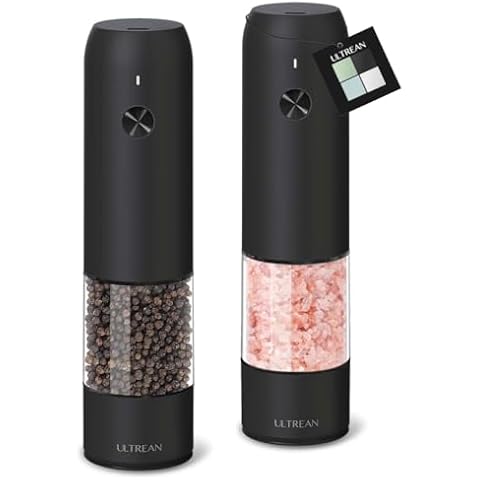 Ultrean Electric Salt and Pepper Grinder Sets (2 Pack), USB Rechargeable Salt Pepper Mill Grinder with 6 Adjustable Coarseness, LED Light, One-Hand Operation for Kitchen, Restaurant, BBQ (Black) Cover