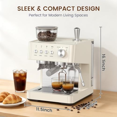 Image of Kismile 20 Bar Espresso Machine with Grinder and Milk Frother Steam Wand