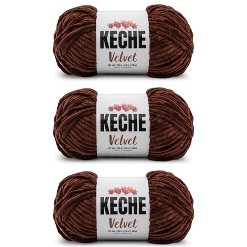 Image of Keche Velvet Yarn for Crocheting, Soft Chenille Bulky Baby Blanket Amigurumi Yarn 3x100 gr (3x132 yds) (3- Skeins) - Brown