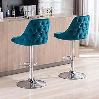 Washon Velvet Bar Stools Set of 2 Breakfast Counter Chairs with Backrest, Adjustable Swivel Bar Chairs High Stools for Kitchen Islands/Home Bar, Blue