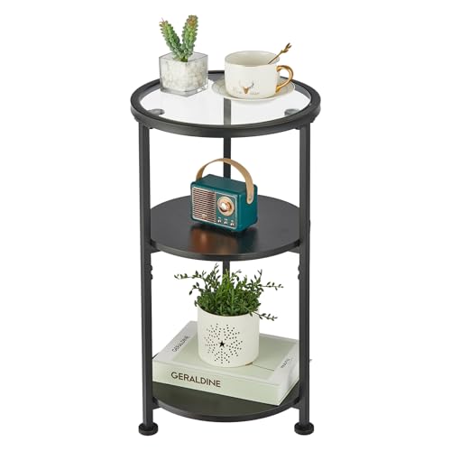 ZEXVIDA Glass Side Table, Tempered Glass Small Round Side Table with 3-Tier Storage Shelves for Small Spaces, Modern Glass Round End Table for Living Room, Bedside Table Nightstand for Bedroom (Black)