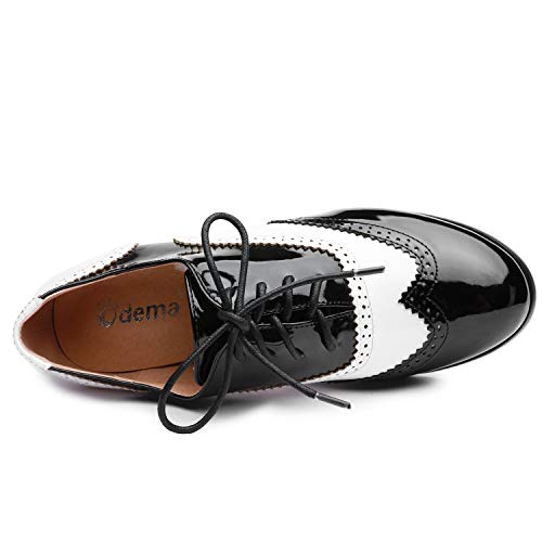 Odema Womens Pu Leather Oxfords Wingtip Lace Up Mid Heel Pumps Shoes Blackwhite #TOP4