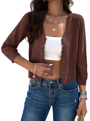 Image of Women Crop Cardigan Sweaters Lightweight 3 /4 Sleeve Button Up Crochet Shrug | Textured Bolero For Dresses Dressy Casual, V Neck, Ladies Eyelet Shawl Thin Trendy