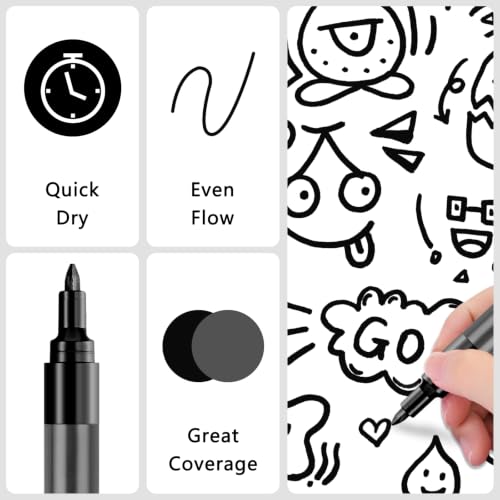 Image of SFAIH Acrylic Black Paint Pens - 2-3MM Medium Tip & 0.7MM Extra Fine | High Coverage, High Capacity Ink,8 Count Art Pens, Permanent Markers, Rock Painting, Wood, Fabric, Plastic, Canvas, Glass