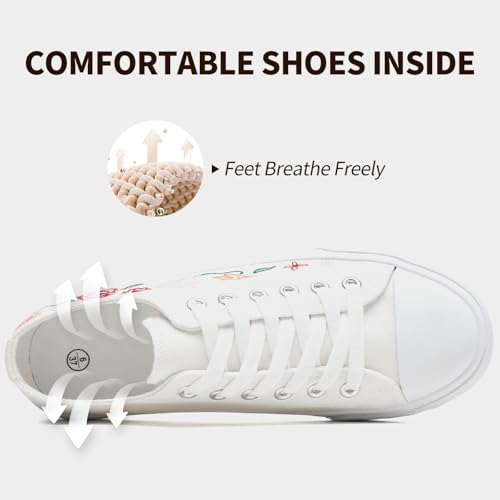 Women Canvas Sneakers with Embroidered Flower,Lace up White Tennis Shoes,Casual Low Top Fashion Sneakers3
