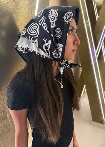 Silk Scarf for Women - Black White Silk Bandana with Taino Symbols, Festival Headwear, Puerto Rico Panoleta de Cabeza2