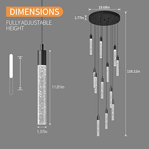 Image of 12-Light Modern Living Room Chandelier Black Crystal Ceiling Pendant Lights LED Dimmable 72W 6000K Staircase Large Chandeliers for Entryway Lobby Foyer High Ceiling Chandeliers