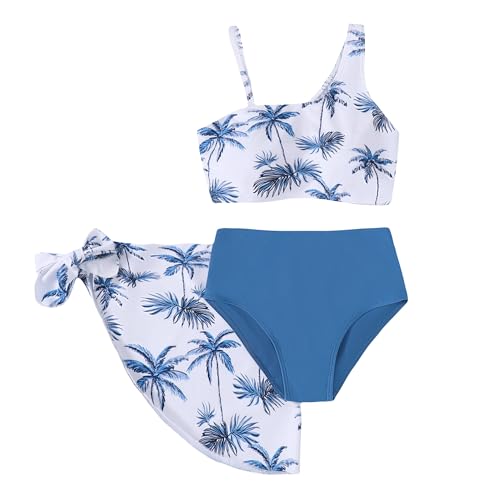 Girls Swimsuit 3PCS Bikini Sets,Adjustable Shoulder Strap Bathing Suits 10-12Y Girls' Swimwear with Cover Up Skirt Blue