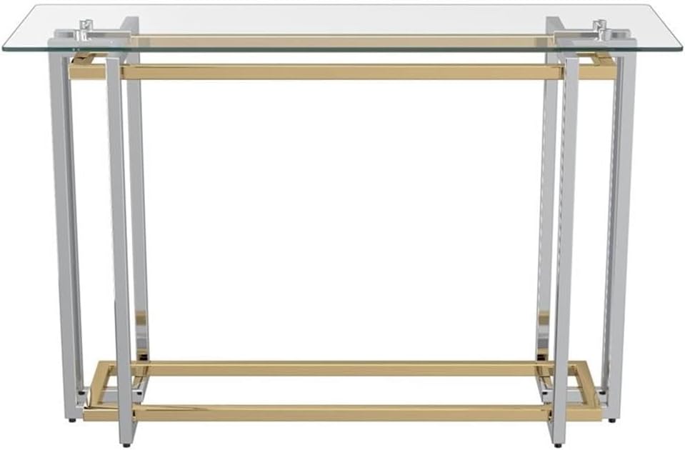 Pemberly Row Contemporary Metal and Glass Console Table, 47.24 x 15.75 x 30.71 in, Clear Tempered Glass Top, Modern Geometric Design, Polished Silver and Gold Finish, Stylish Accent Table for Hallway