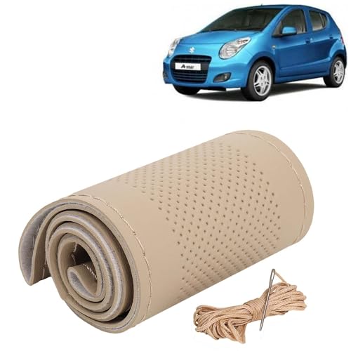 Image of KINGSWAY PU Leatherite Car Steering Cover Sewable Compatible with Maruti Suzuki A Star (Year 2008-2013), Beige Color with Beige Thread, Pack of 1 with Sewing Needle and Thread