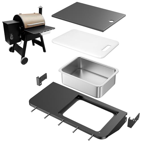 Upgraded Folding Front Shelf Accessories for Traeger Pro 22 Pro 575 Ironwood 650 BAC362 All-in-One Grill Table with Works Cutting Board Basin 5 Hooks Steel Grill Accessory for Food Prep & Storage