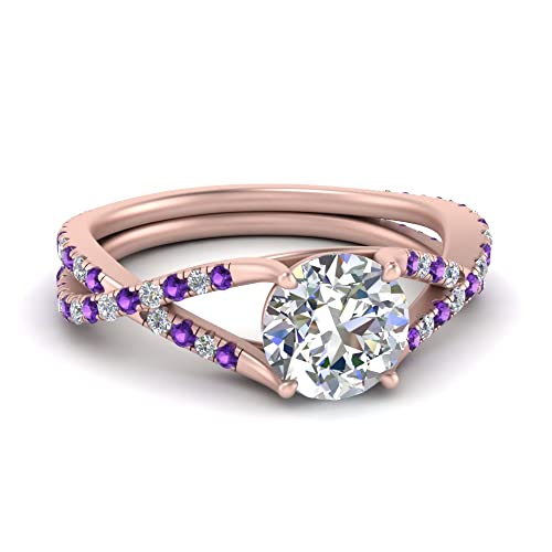 Image of Choose Your Gemstone 4 Prong Split Twisted Diamond CZ Ring Rose Gold Plated Round Shape Split Shank Engagement Ring Minimal Modern Design Birthday Gift Wedding Gift US Size 4 to 12
