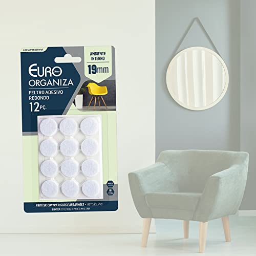 Feltro Adesivo Redondo 19 mm, 12 Peças, ENC1058, Euro Home, BRANCO