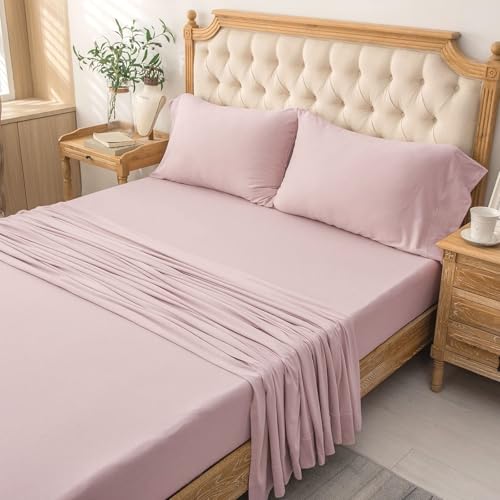 PURE ERA Jersey Knit 4pc Bed Sheet Set 100% T-Shirt Cotton Super Soft Comfy Breathable Fits Mattress Up to 20" Extra Deep Pocket (Solid Light Pink, Queen)