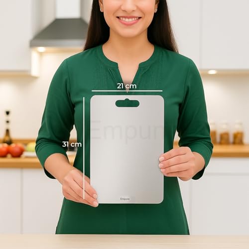 Image of 304 Stainless Steel Rectangular Chopping Board for Kitchen | with 1 Steel Straw & Anti-Skid Silicon Pad | 31 x 21 cm | for Cutting Vegetables, Meat, Fish, Fruits | Multipurpose | Medium